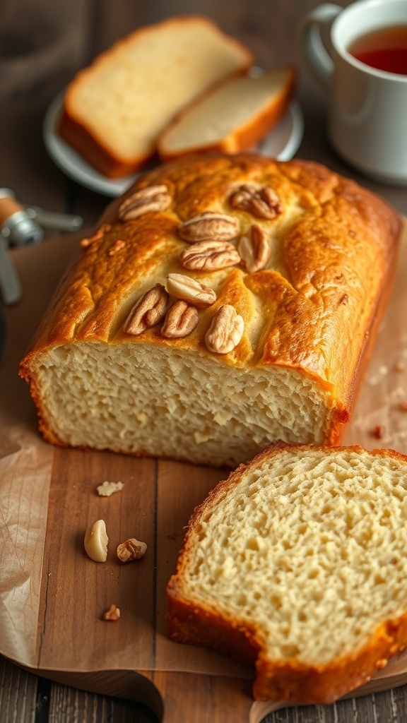 A moist yogurt bread cake sliced, showcasing its fluffy texture, served on a rustic table with a cup of tea.